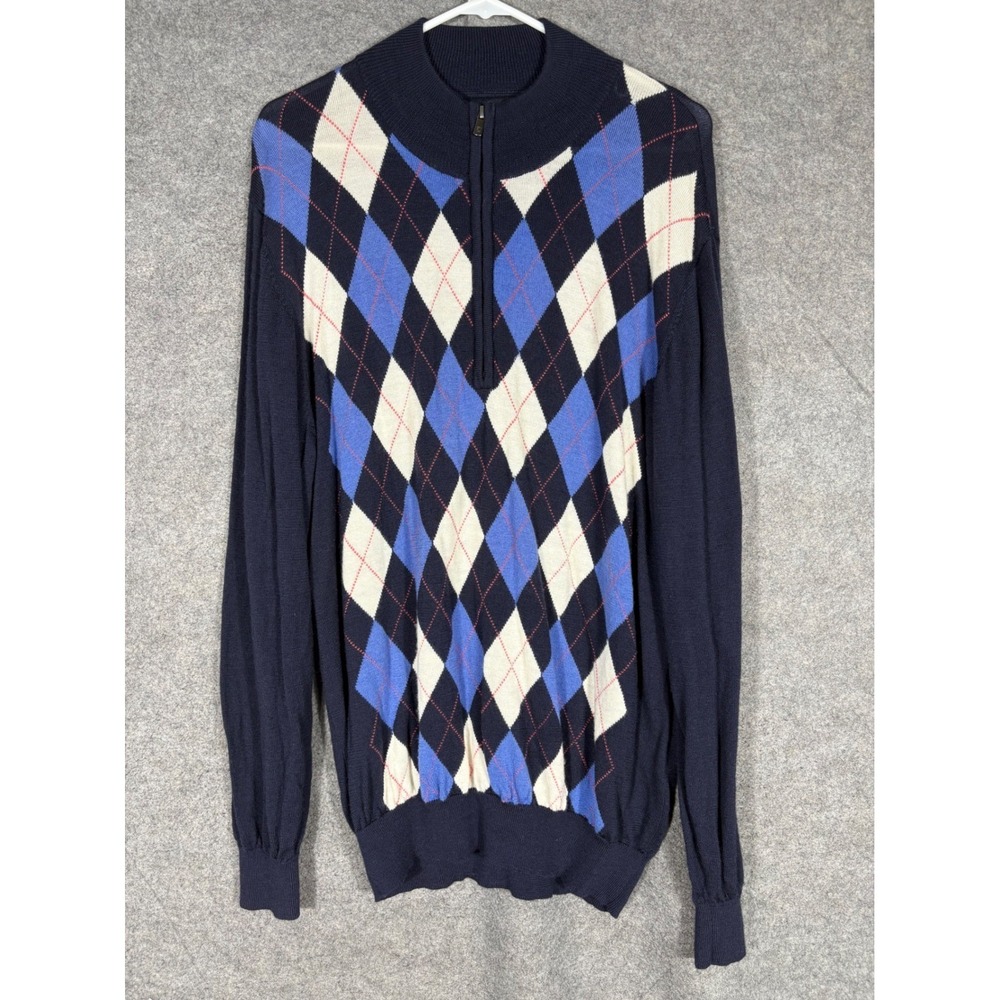 FootJoy Mens XL 1/4 Zip Argyle Wool Sweater Navy Blue Golf Pullover Mock Neck